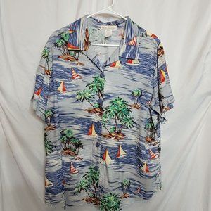 Vintage Hawaiian Print Shirt Sarah Bently Button Front Large Sailboat Beach Palm